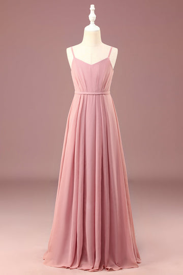 Dusty Rose A-line Chiffon Spaghetti Straps Long Pliated Junior Bridesmaid Dress